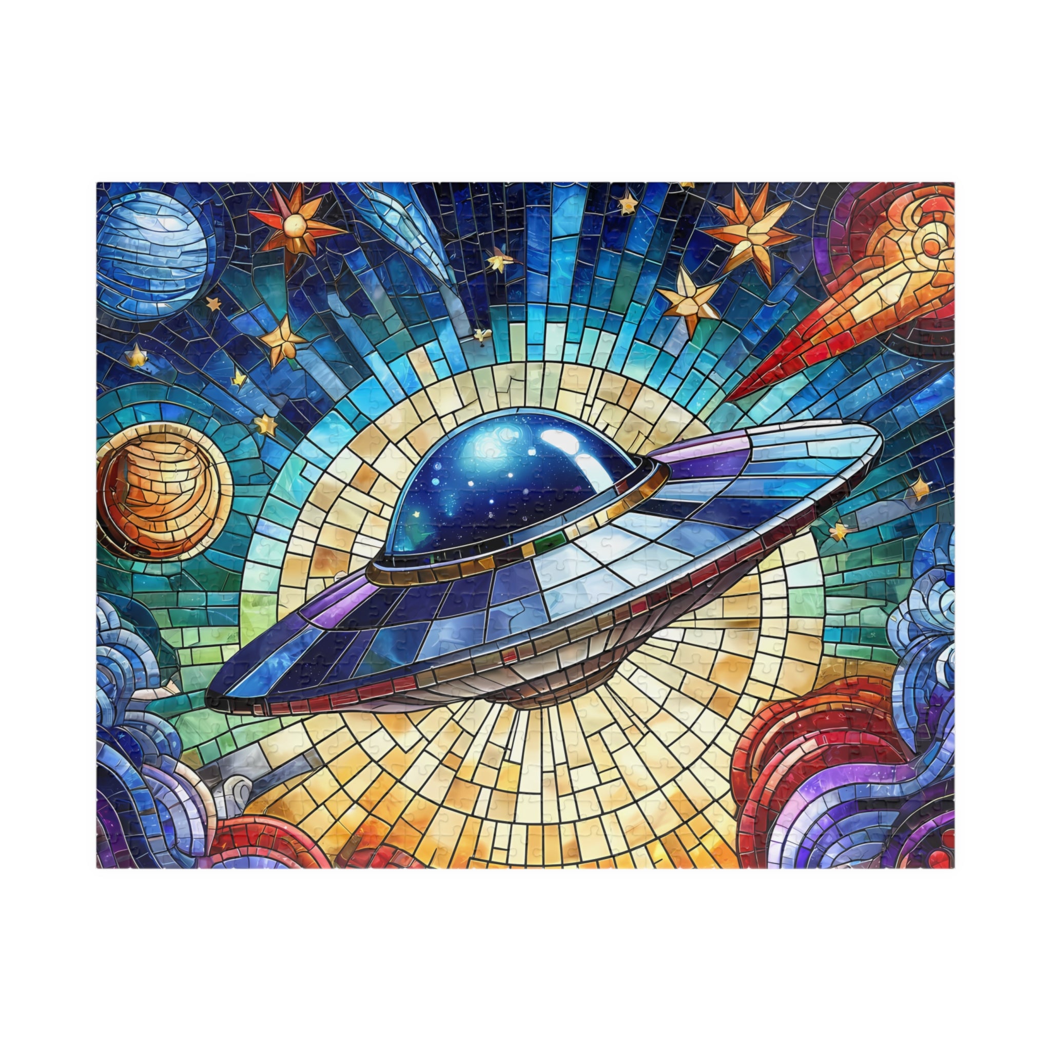 Interstellar Voyage - Stained Glass Mosaic Art of a UFO in the